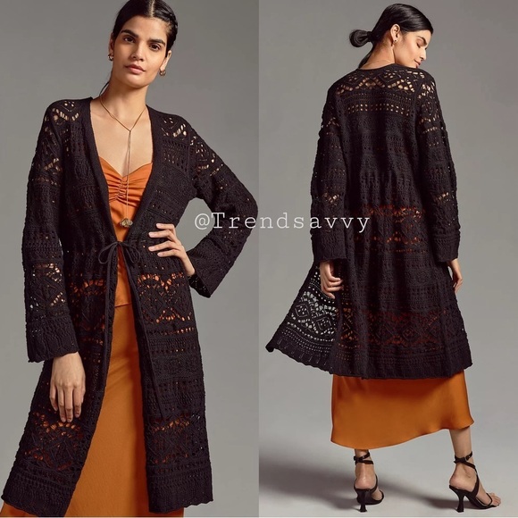 ANTHROPOLOGIE Pointelle Cardigan Sweater Long Sleeve Top Black Size S NWT - Picture 1 of 8